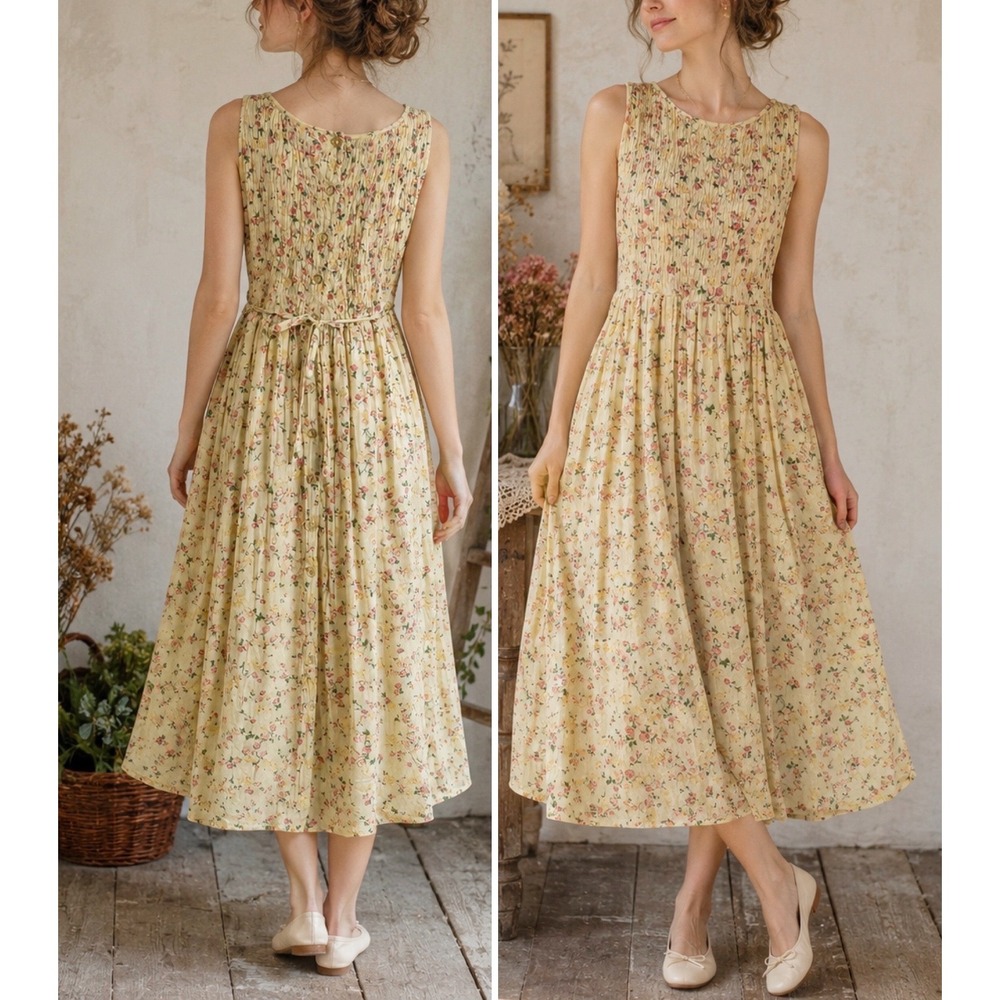 APRIL CORNELL Vintage 90s Y2K Cottagecore Floral Smocked Midi Dress